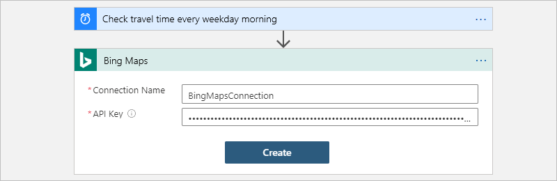 Képernyőkép a megadott kapcsolatnévvel és Bing Térképek API-kulccsal rendelkező Bing Térképek kapcsolatmezőről.
