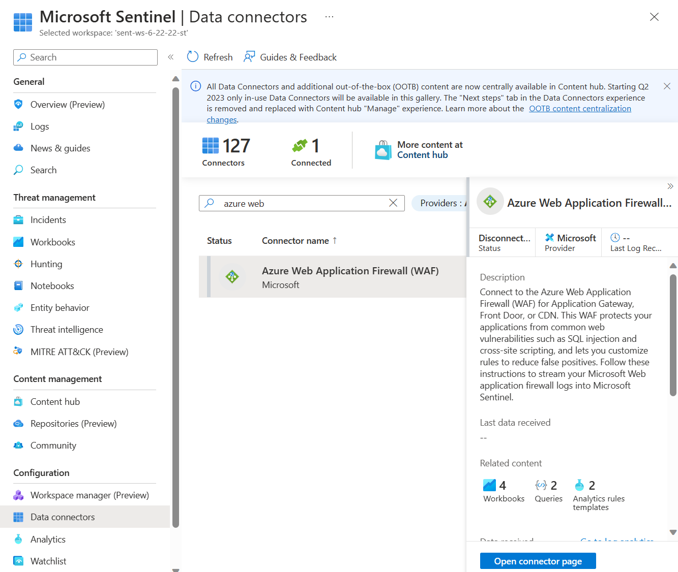 Képernyőkép a Microsoft Sentinel adatösszekötőjéről.
