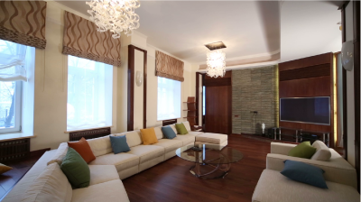 Video of the lights of a living room turning on and off.