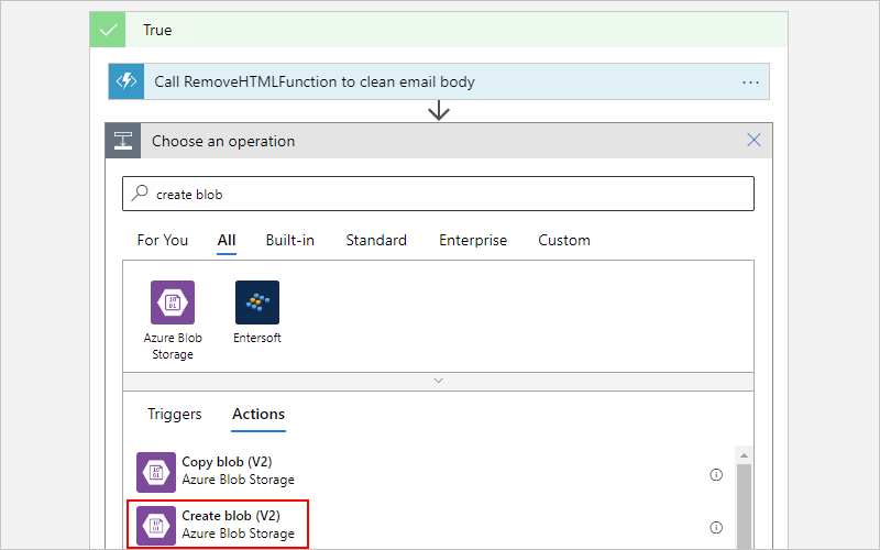 [BLOB の作成] という名前の Azure Blob Storage アクションが選択されていることを示すスクリーンショット。
