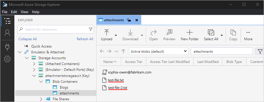 Storage Explorer と保存されたメールおよび添付ファイルを示すスクリーンショット。
