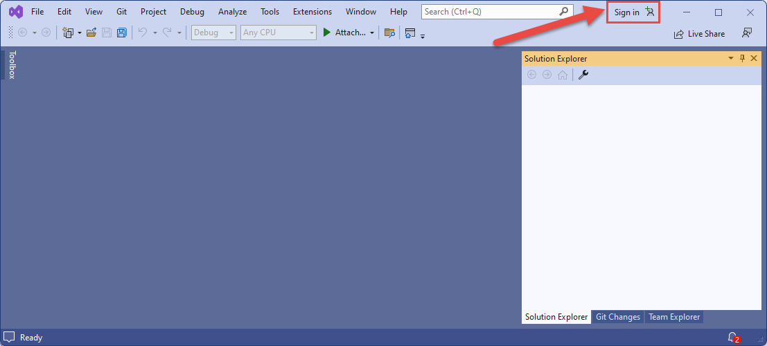 Visual Studio를 사용하여 Azure에 로그인하는 단추를 보여주는 스크린샷