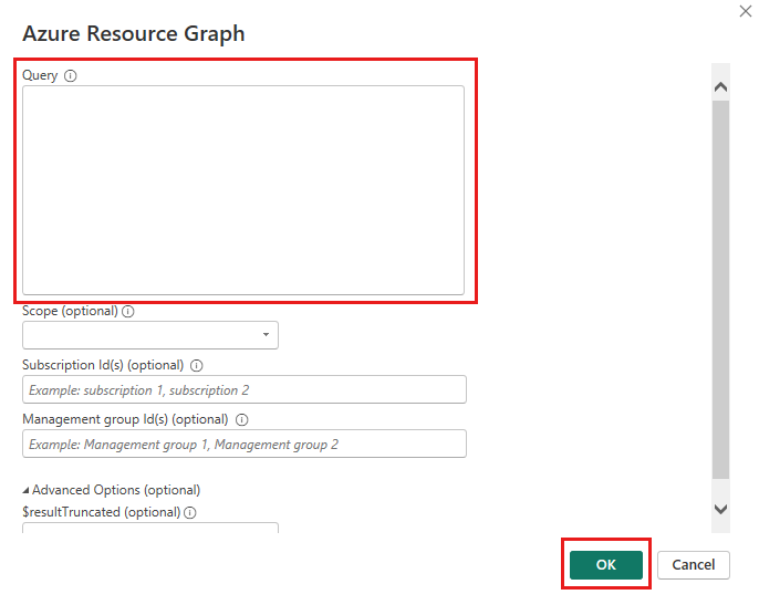 Schermopname van het dialoogvenster Azure Resource Graph om een query in te voeren en de standaardinstellingen te gebruiken.