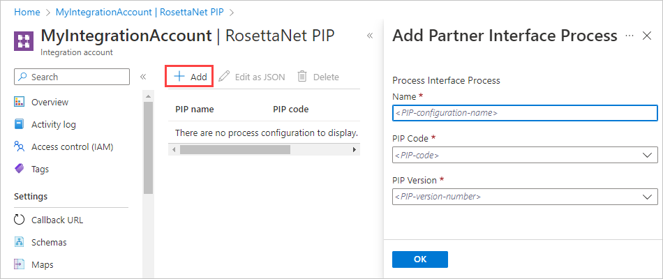 Schermopname van de pagina RosettaNet PIP, met Toevoegen geselecteerd. Het deelvenster Partnerinterfaceproces toevoegen bevat vakken voor de naam, code en versie.