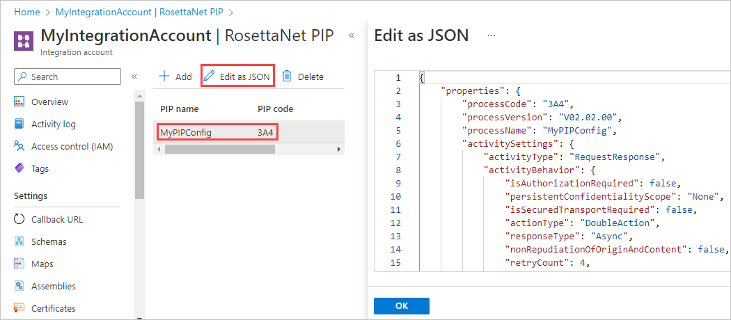 Schermopname van de pagina RosettaNet PIP, met Bewerken als JSON en pip geselecteerd. Onder Bewerken als JSON zijn gecodeerde PIP-eigenschappen zichtbaar.