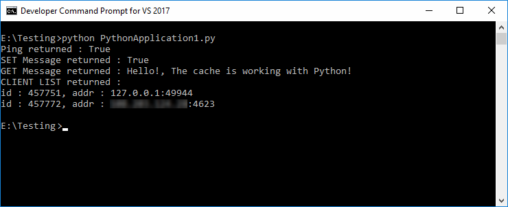 Schermopname van een terminal met een Python-script voor het testen van cachetoegang.