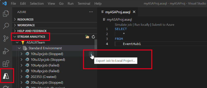 Schermopname van de VSCode-extensie die DE ASA-taak exporteert naar Visual Studio Code.