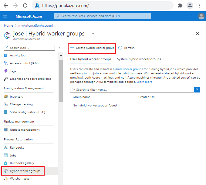 Zrzut ekranu przedstawiający wybieranie opcji hybrydowych grup procesów roboczych w portalu.
