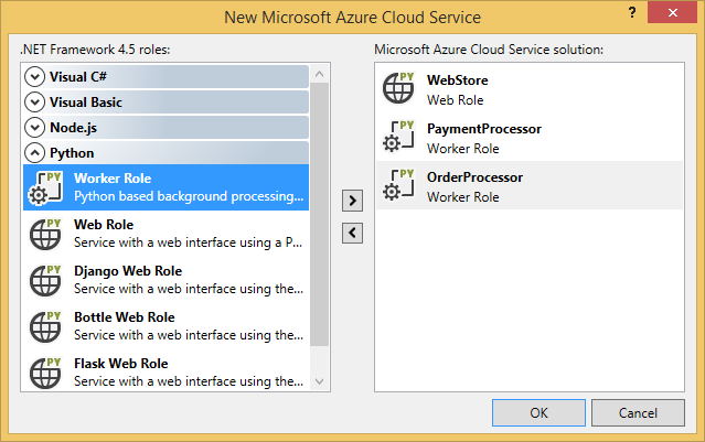 Okno dialogowe Usługa w chmurze platformy Azure