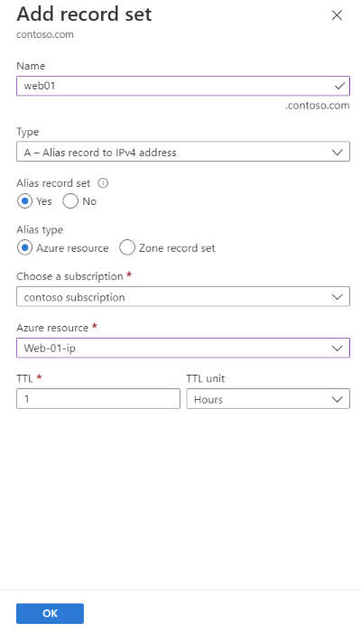 Captura de tela da adição de um registro de alias para se referir ao IP público do Azure do servidor Web IIS usando a página Adicionar conjunto de registros.
