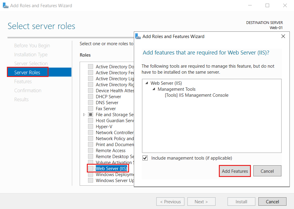 Captura de tela Adicionar o assistente de funções e recursos no Windows Server 2019 mostrando como instalar o servidor Web IIS adicionando a função de servidor Web.