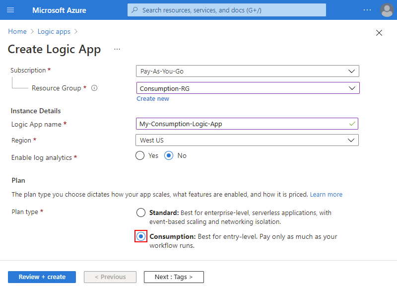 Screenshot shows Azure portal and logic app resource creation page with details for new logic app.
