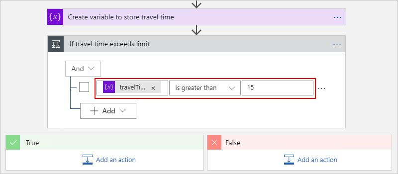 Captura de tela que mostra a condição concluída para comparar o tempo de viagem com o limite especificado.