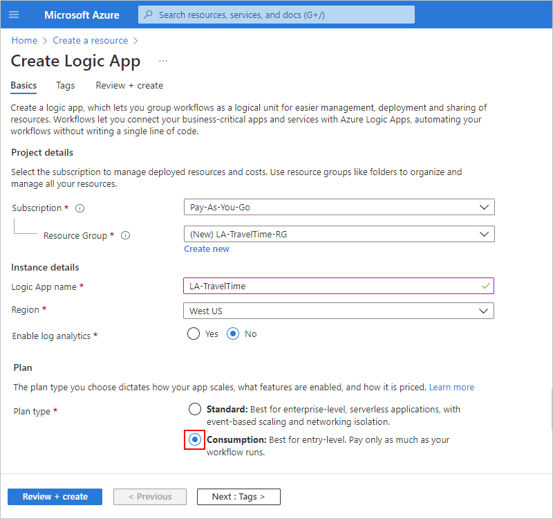 Captura de tela mostrando o portal do Azure, o painel de criação do aplicativo lógico e as informações para o novo recurso do aplicativo lógico.