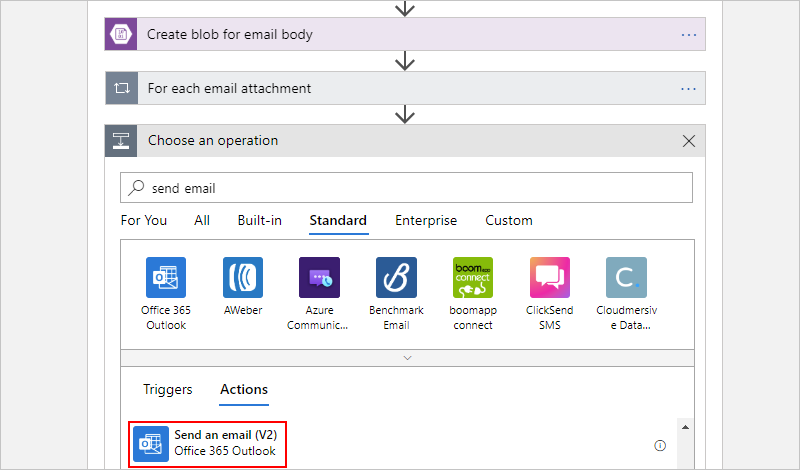 Captura de tela mostrando a ação enviar email do Outlook do Office 365 selecionada.