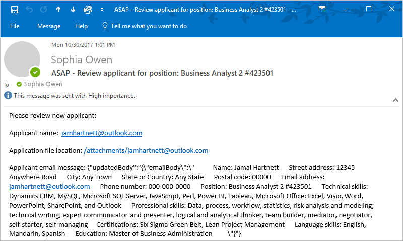 Captura de tela mostrando o exemplo de email enviado pelo fluxo de trabalho do aplicativo lógico.