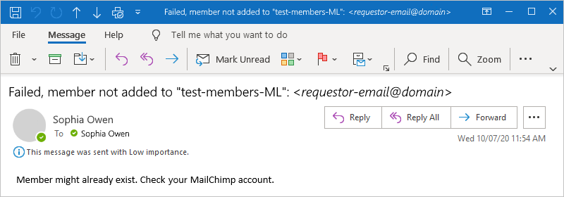 Captura de tela que mostra o email de exemplo de uma assinatura com falha.