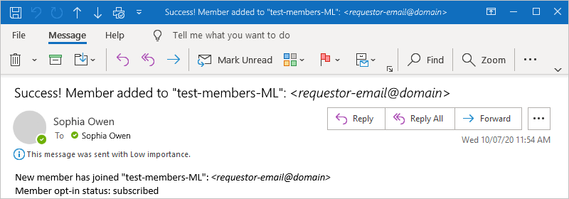 Captura de tela que mostra o email de exemplo para uma assinatura bem-sucedida.