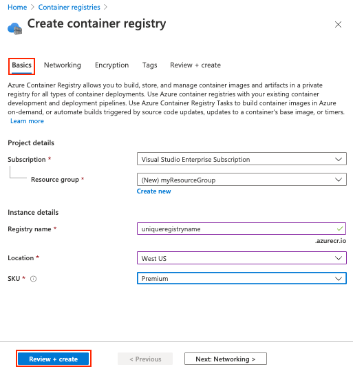 Configurar um registo de contentor no portal do Azure