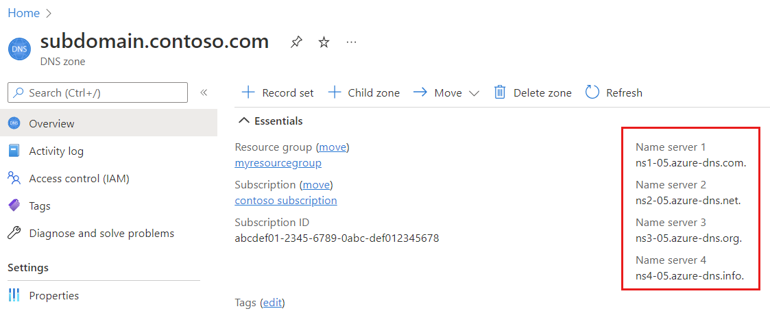 Captura de ecrã a mostrar a página Descrição Geral da zona D N S subordinada com os respetivos servidores de nomes.