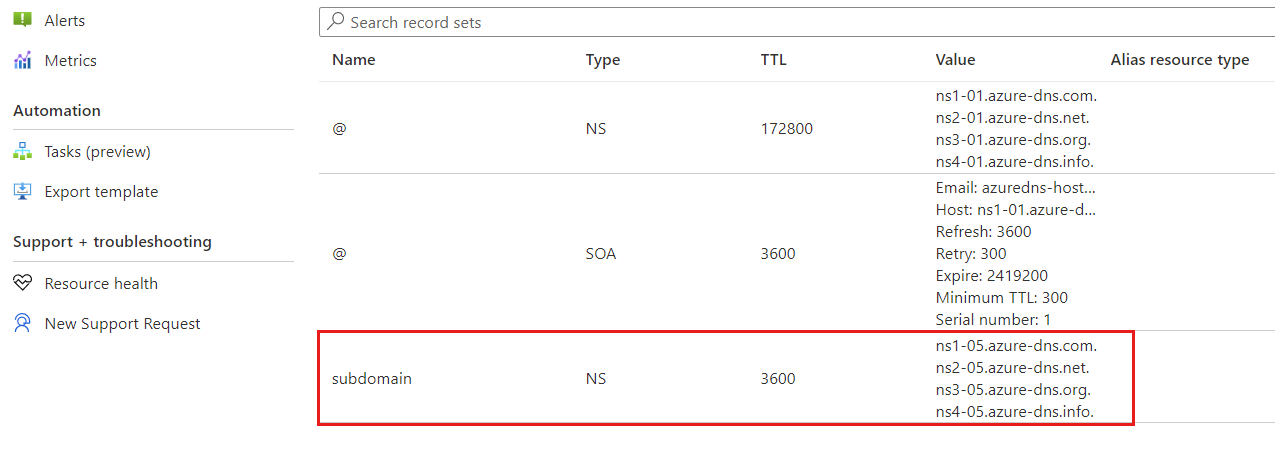 Captura de ecrã da validação de servidores de nomes de zona subordinada na página Descrição Geral da zona D N S principal.
