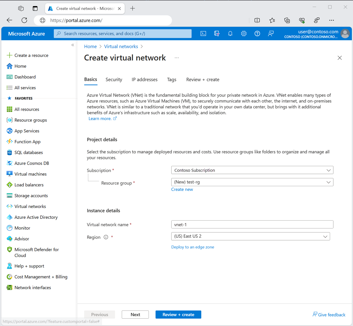 Captura de ecrã do separador Noções básicas para criar uma rede virtual no portal do Azure.