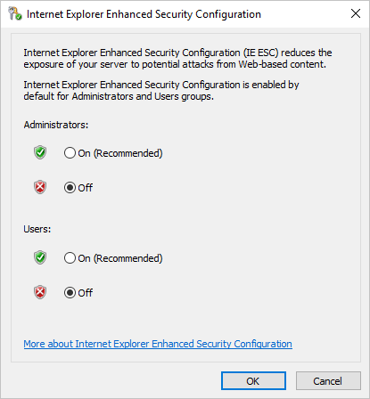 Janela pop-up da Configuração de Segurança Avançada do Internet Explorer com “Desativado” selecionado