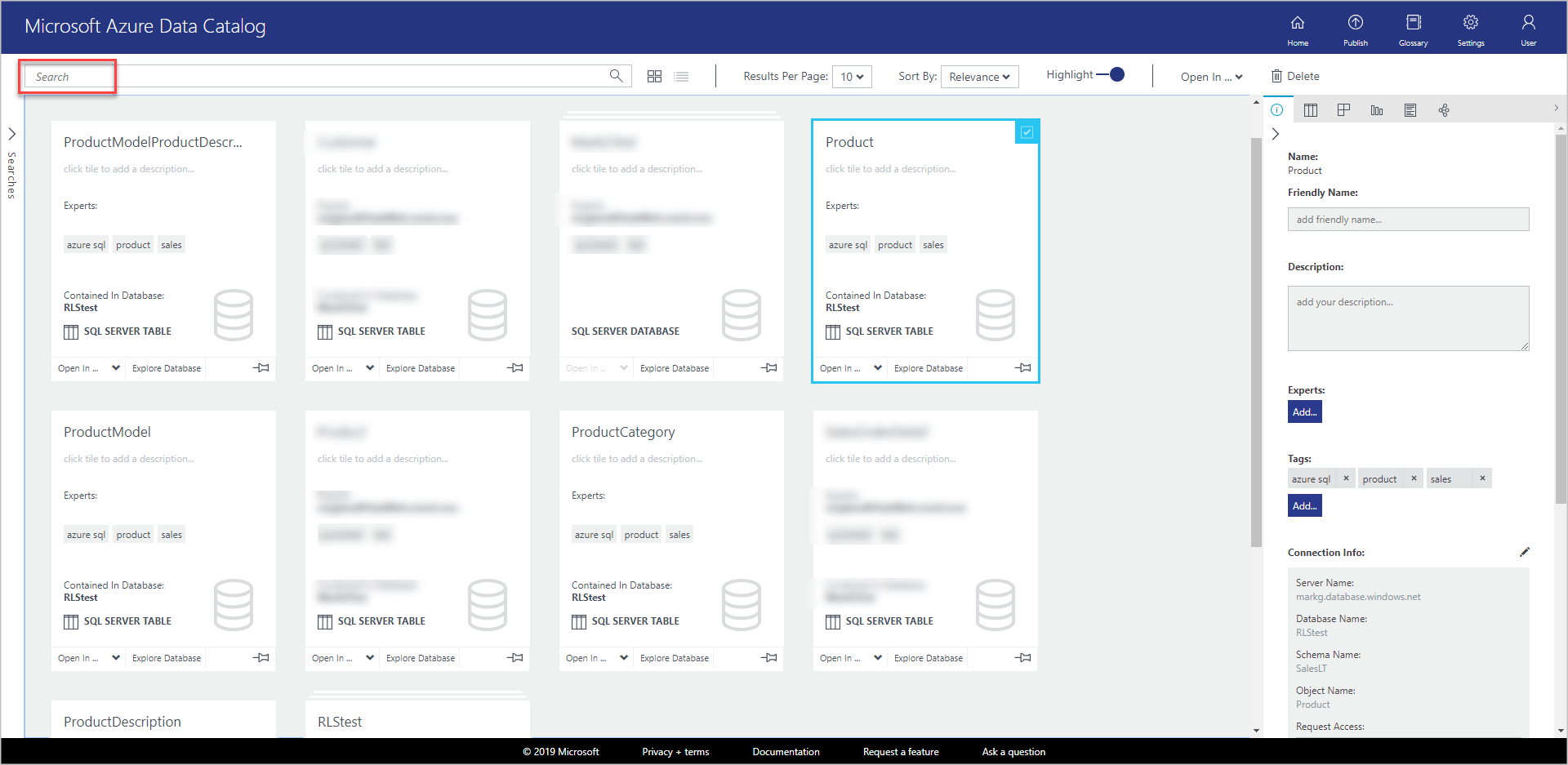 В окне Каталог данных Microsoft Azure в представлении сетки отображаются новые плитки для каждого зарегистрированного объекта.