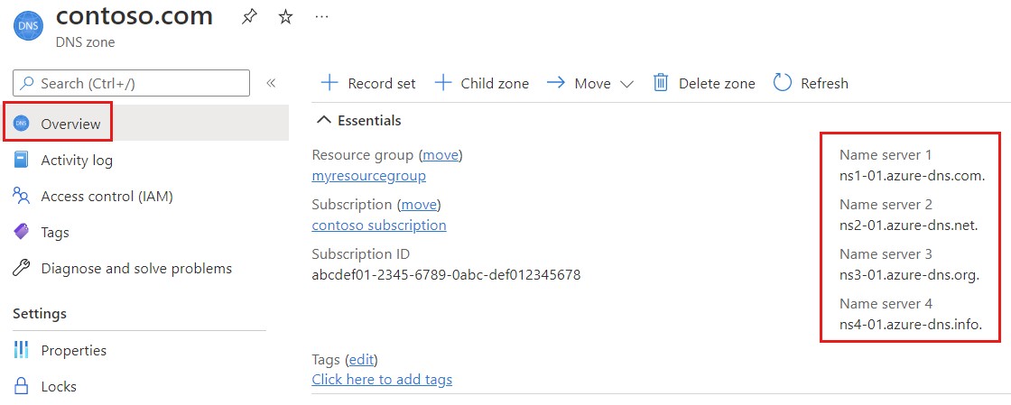 Снимок экрана зоны D N S с назначенными серверами имен Azure