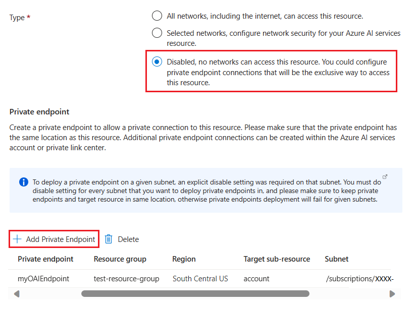 显示如何在 Azure 门户中为 Azure OpenAI 资源禁用网络安全的屏幕截图。