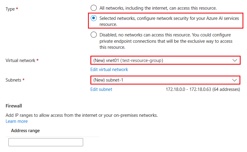 屏幕截图显示如何为 Azure OpenAI 资源配置网络安全以仅允许特定网络。