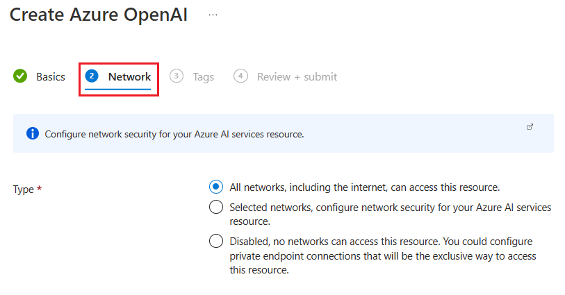 显示 Azure 门户中 Azure OpenAI 资源的网络安全选项的屏幕截图。