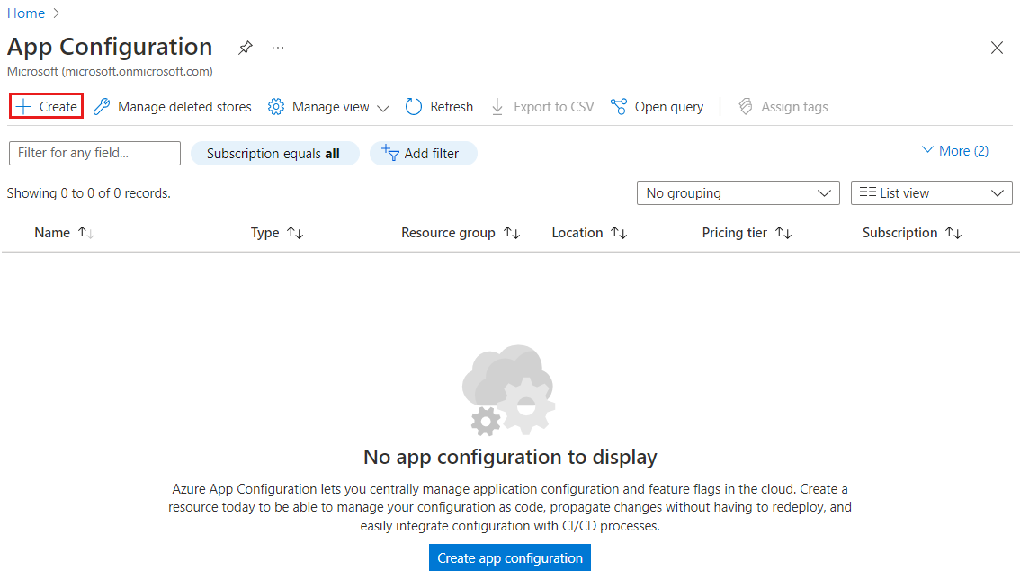 Azure 门户的屏幕截图，其中显示了用于启动创建应用程序配置存储的按钮。