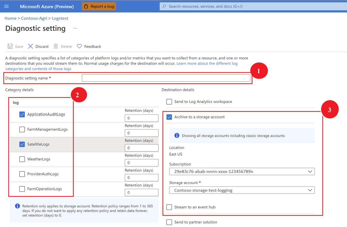 Screenshot showing steps to create diagnostics setting in Azure portal.