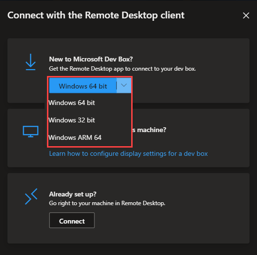 显示如何为 Windows 远程桌面客户端选择平台配置的屏幕截图。