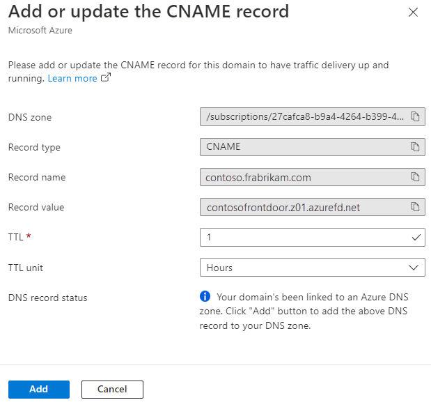 显示“添加或更新 CNAME 记录”窗格的屏幕截图。