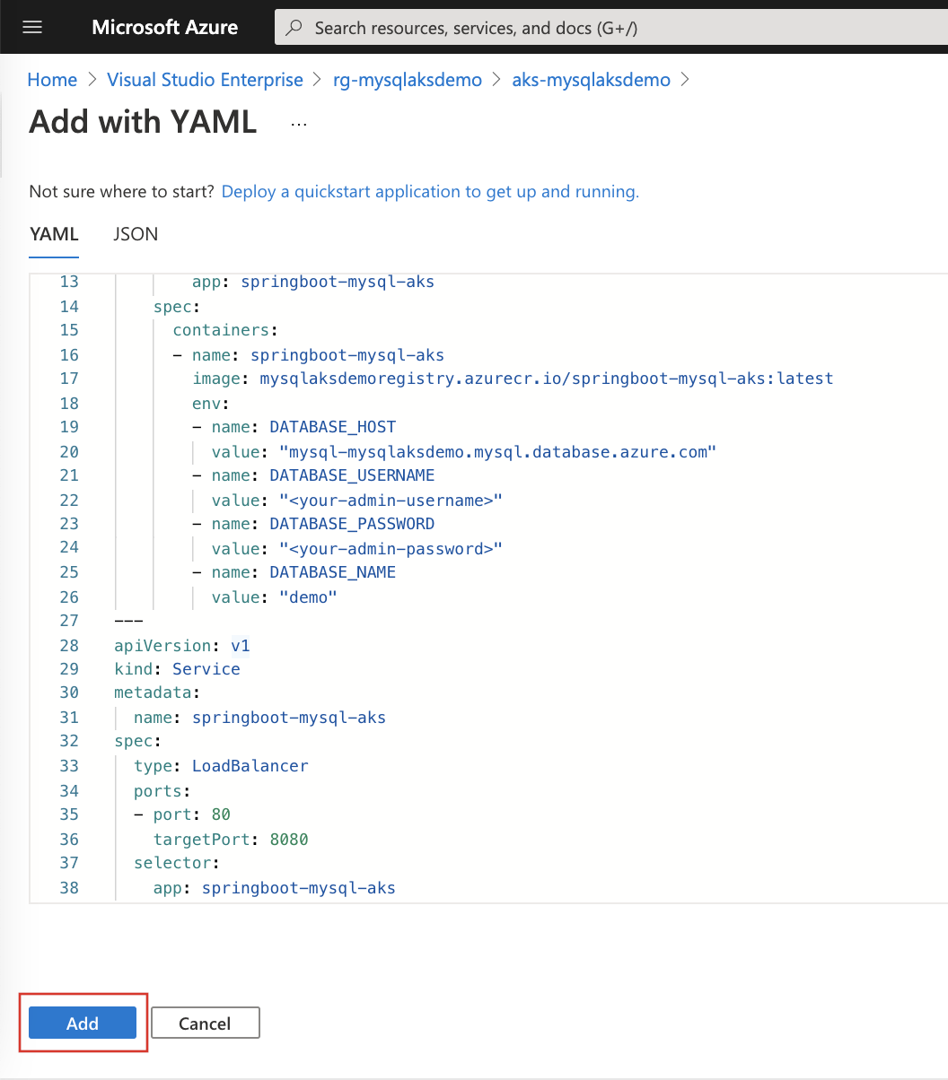 显示“通过 YAML 添加”编辑器的屏幕截图。