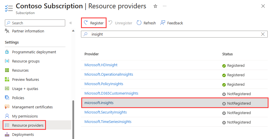 屏幕截图显示了如何在 Azure 门户中注册 Microsoft Insights 提供程序。