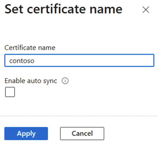 Azure 门户“设置证书名称”对话框的屏幕截图。
