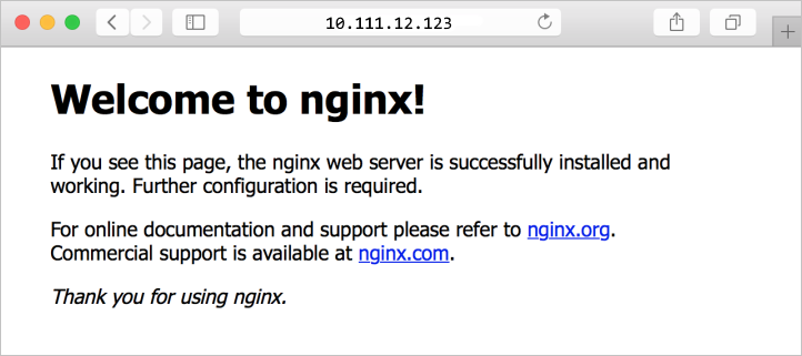 顯示瀏覽器中 NGINX 預設網站的螢幕快照